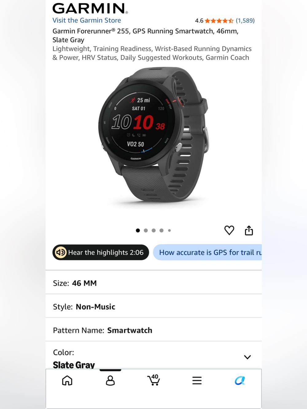 Garmin Forerunner 255 GPS Running Smartwatch - Slate Gray - Picture 8 of 8